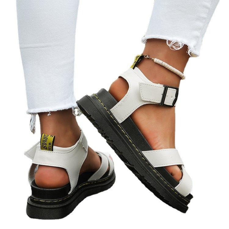 Summer New Thick-soled One-character Cross-belt Solid Color Buckle Belt Large Size Hollow Roman Sandals