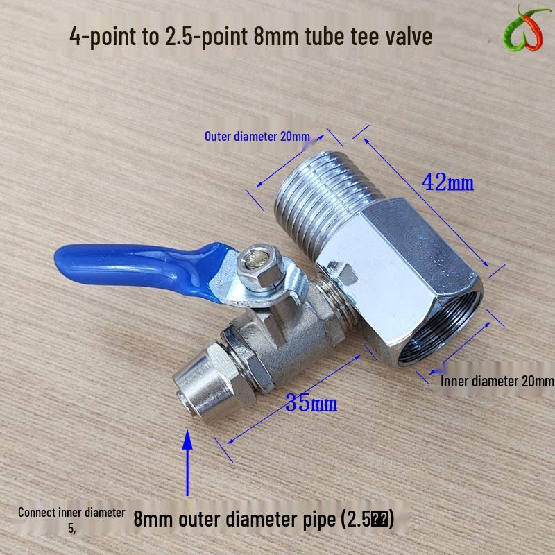 4-Way to 2-Way Tee Connector Water Purifier Valve with Switch, One-Piece Copper Alloy Ball Valve.