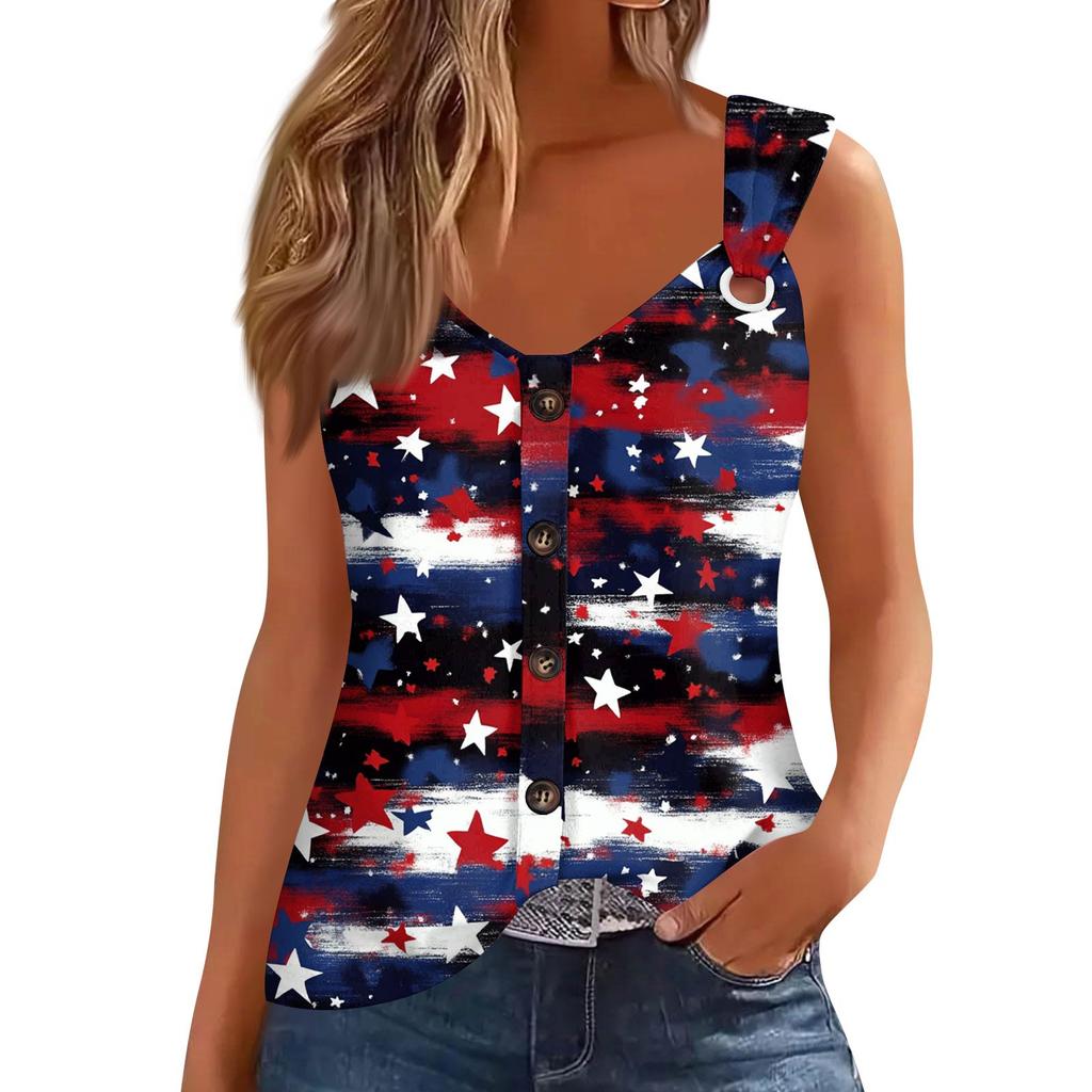 Women's Fashion Casual Loose Sleeveless Buttoned V-Neck Independence Day Printed T-Shirt Top