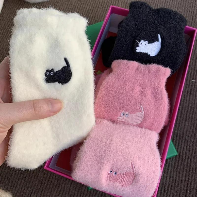 3pairs Cute Cat Mink Fleece Soft Socks for Women Winter Warm Thicken Coral Plush Socks Thermal Snow Home Sleep Floor Kawaii Sock