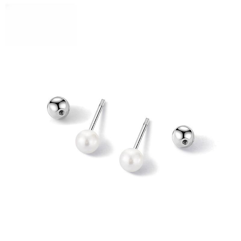 Silver Pearl Stud Earrings with Spiral Fastening for Secure Attachment To Ear Bone, Ear Pin, Ear Shell Pin, Ear Jewelry 4mm-1 pair серебряный