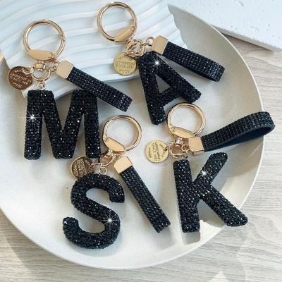 Lucky Charm Rhinestone Keychain Luxury Crystal Letter Pendant Letter Key Chain  Women Accessory