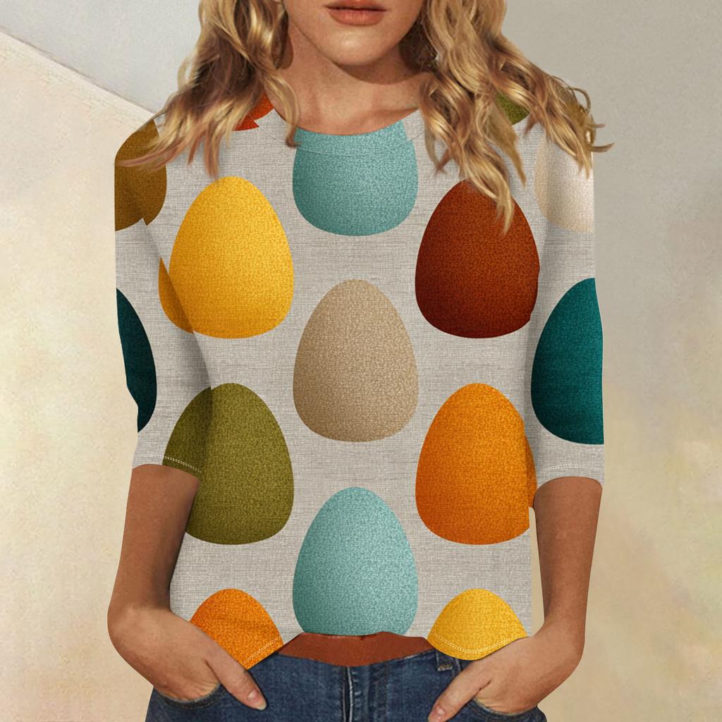 Women's Fashionable Casual Three-quarter Sleeve Easter Print Round Neck Pullover Top