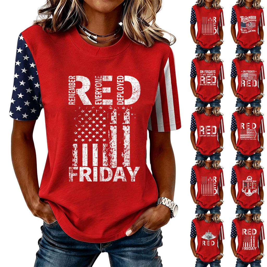 Women Casual Short Sleeve T Shirt Crew Neck Letter Print Top Stars and Stripes Sleeve Design Comfortable Fit