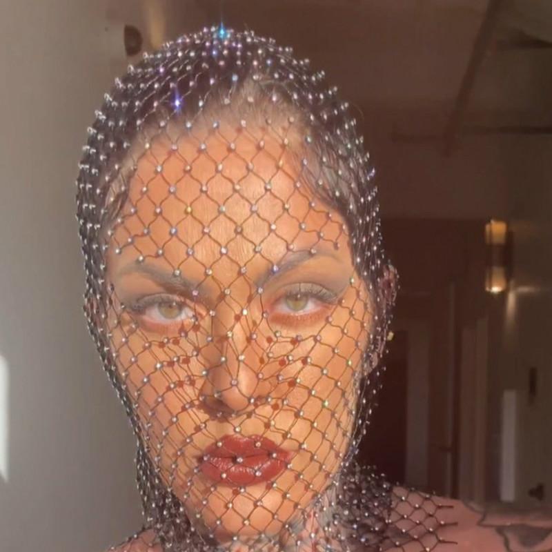 European and American  Electric Syllable Women's Clothing Popular Mesh Diamond Headscarf Mask