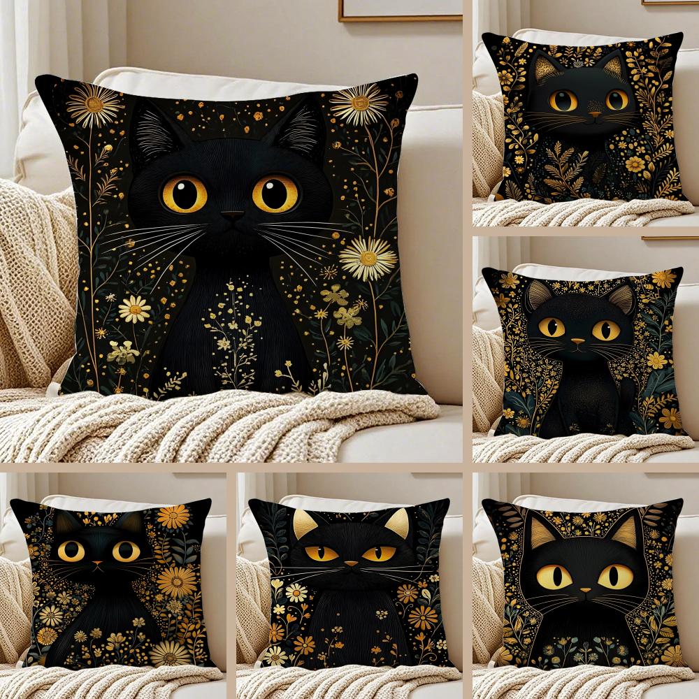 Art Black Cat Cushion Cover Pillowcase Antidustmite Invisible Zipper Short Plush Sofa Cushion