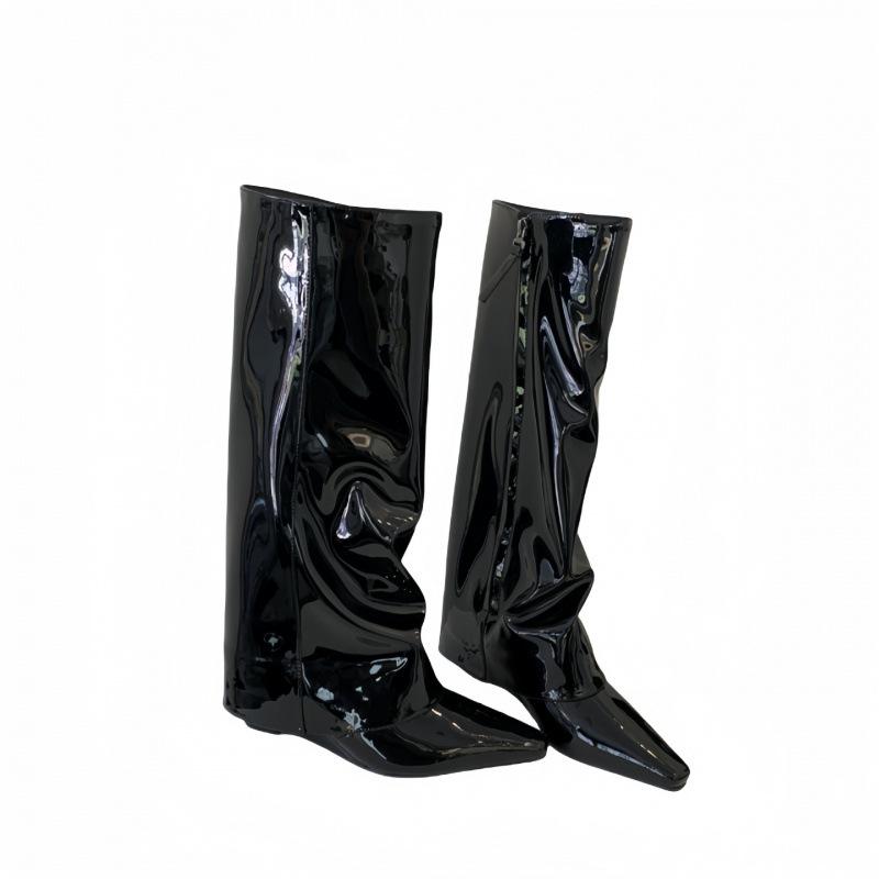 Wedge heel pants boots high heel boots long boots female European and American babes high boots pointed black patent leather pants boots fried street