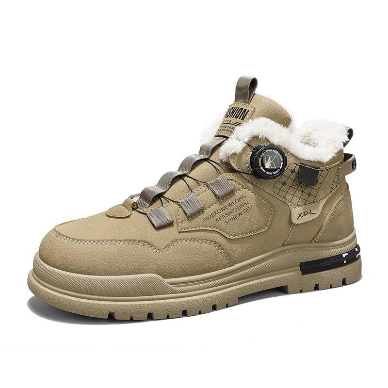 Fleece men's shoes winter new rotating button Martin shoes men's tooling shoes men's casual sports cotton shoes