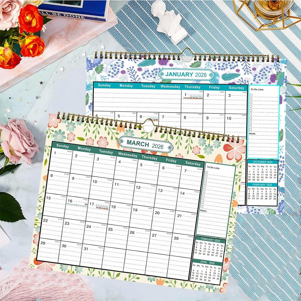 2026 Wall Calendar 12 Month - 15”*11.8” Large Wall Calendar 2026 with Stickers Thick Paper Hanging Calendars for Family Home Office School Flower