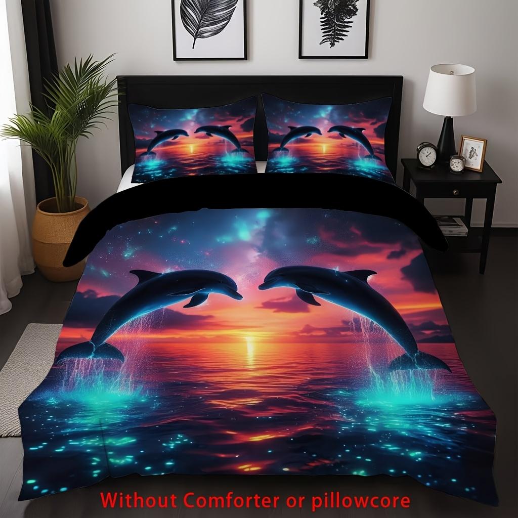 

2/3pcs Dolphin Themed Duvet Cover Set (1 Duvet Cover + 1/2 Pillowcase, Without Core), Blue Dolphin Marine Animal Pattern Print Duvet Cover Set&EU Single(135x200cm)