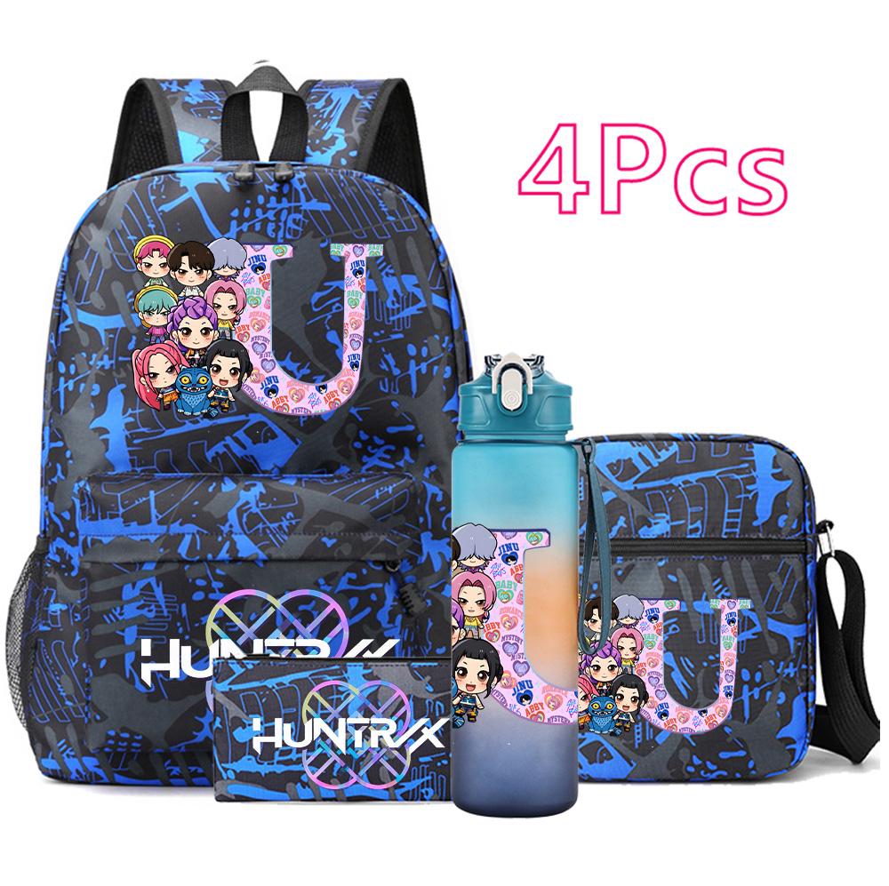 4Pcs/set 26 English Letter Printed Backpack Large Capacity Bookbag Shoulder Bag Case Bag with 750ml Water Bottler Boy Girl Waterproof SchoolBag Gift