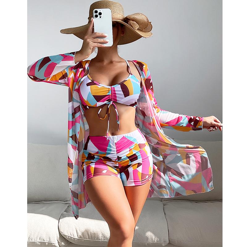 Women Swimsuit High Waist Bikini Set Three Pieces Women Sexy Long Sleeve Cover Up Swimsuit 2026 Beach Bathing Suits Swimwear