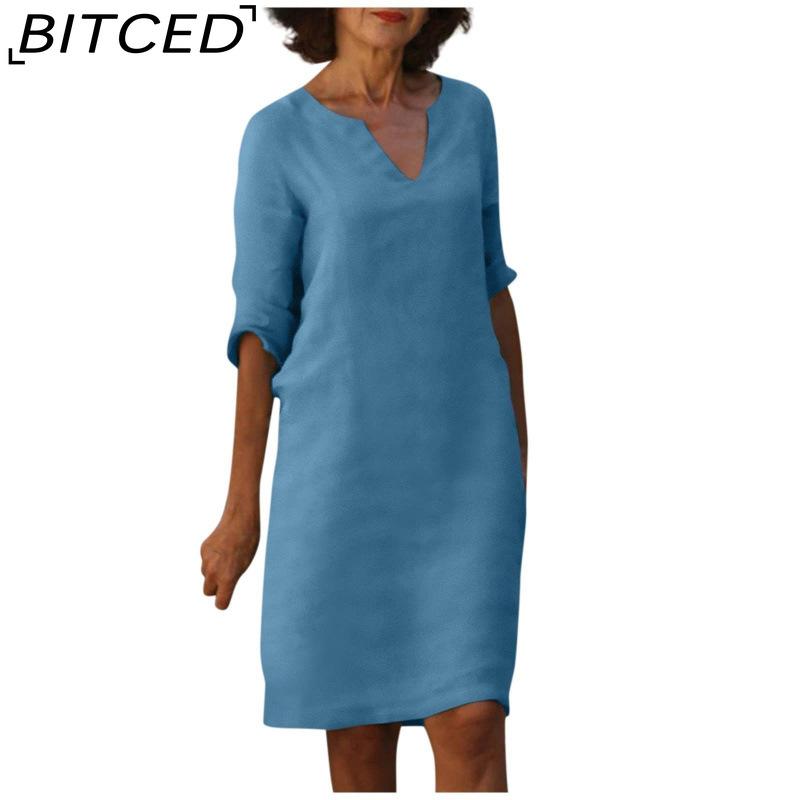

BITCED Женское летнее однотонное хлопковое льняное ретро-платье с V-образным вырезом и коротким рукавом, легкое дышащее платье XXXL светло-синий