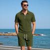 Men's Short Sleeve Polo Shirt and Shorts Set Casual Lightweight Breathable Summer Outfit with Zip Front Collar and Elastic Waistband Drawstring