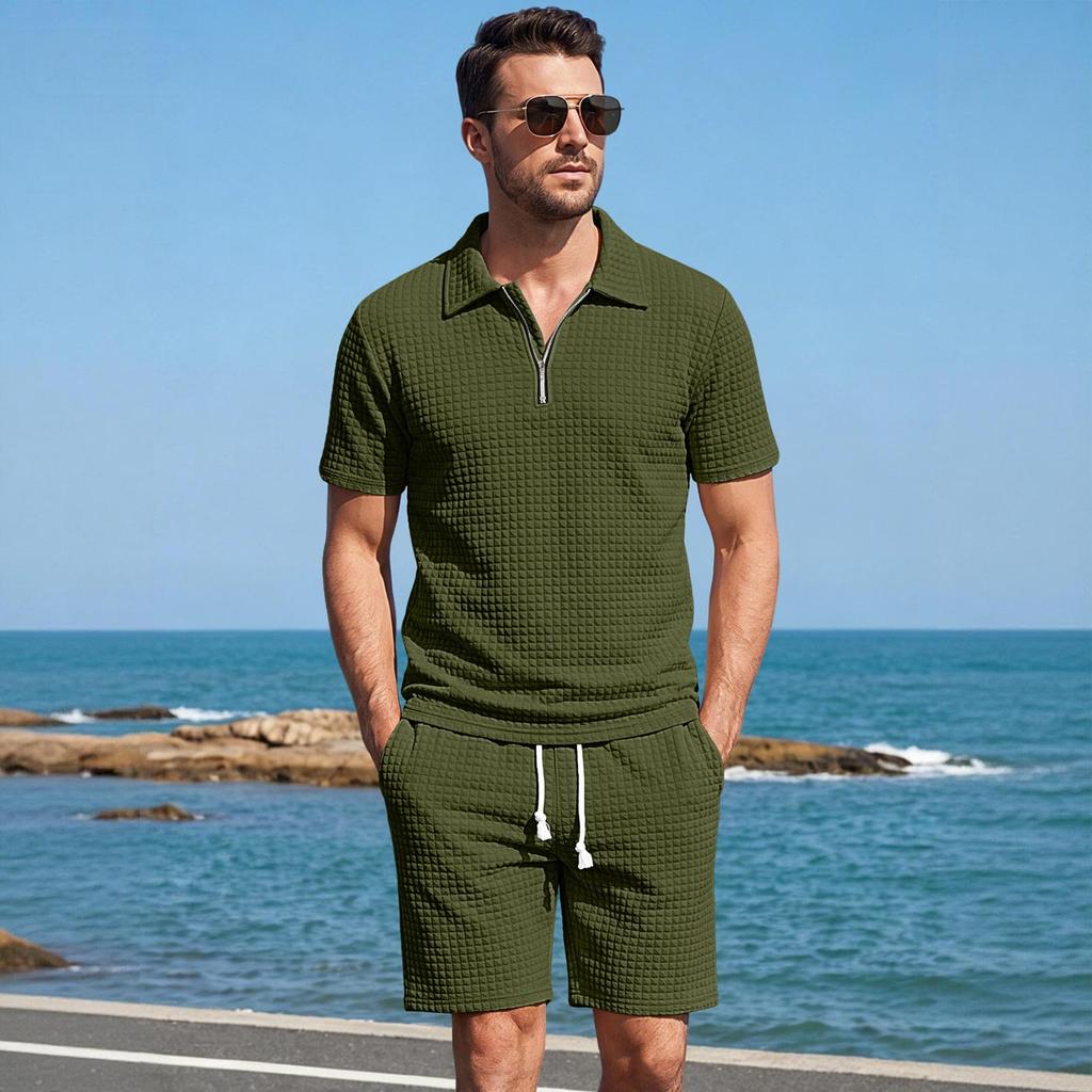 Men's Short Sleeve Polo Shirt and Shorts Set Casual Lightweight Breathable Summer Outfit with Zip Front Collar and Elastic Waistband Drawstring