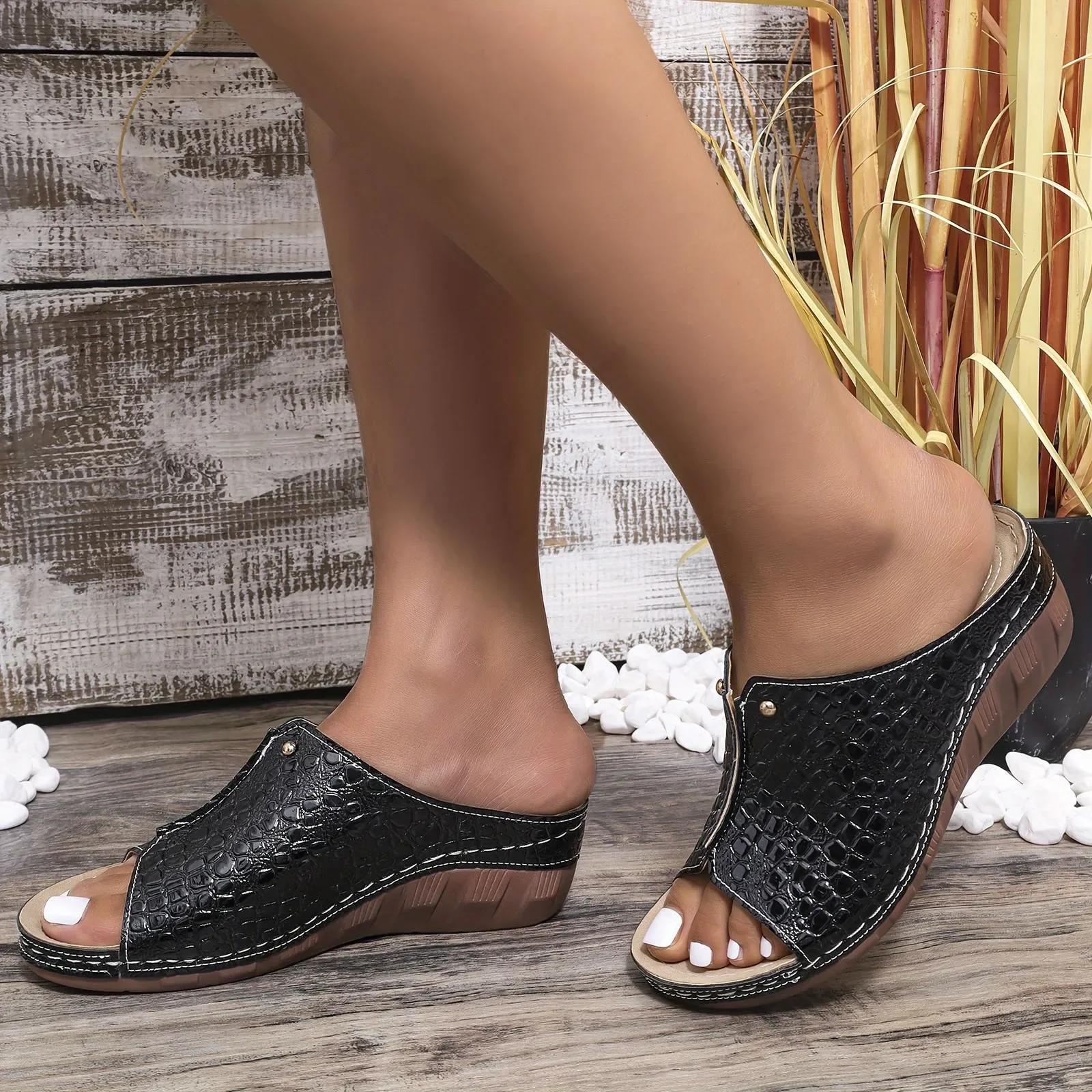 

Женские повседневные тапочки с одной повязкой, однотонные сандалии из змеиной кожи с открытым носком и рыбьим ртом, летняя обувь для отдыха на открытом воздухе 36 чёрный