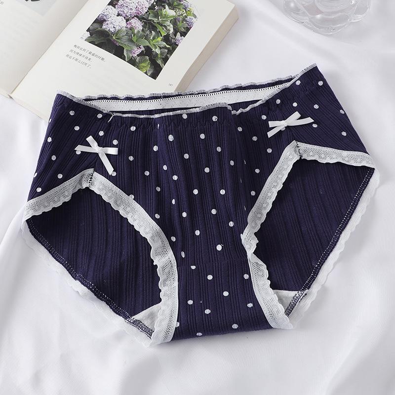 Navy Blue Women's Panties Cotton Mid-waist Bow Threaded Breathable Girl Student Briefs