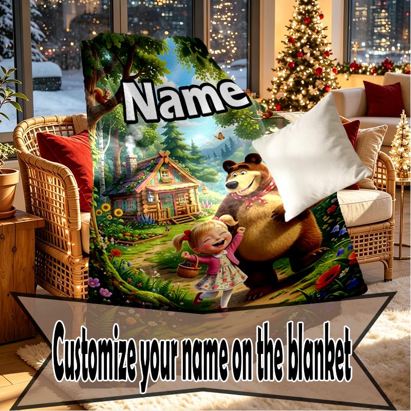 Custom Name Personalized Masha and The Bear Print Blankets, Home Decor, Bedroom, Sofa, Camping, Couch, Gifts for Birthday Christmas