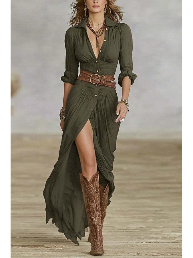 Abito da donna sexy arricciato con cintura - Autunno tinta unita, design irregolare (Collezione 2025)