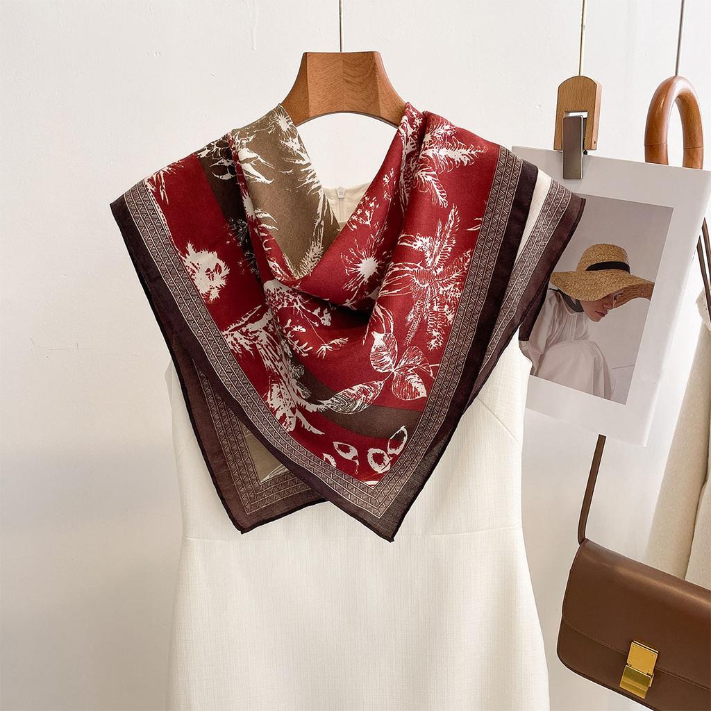 New retro plant printing Chinese square scarf female niche design sense color matching silk scarf holiday style versatile decorative shawl