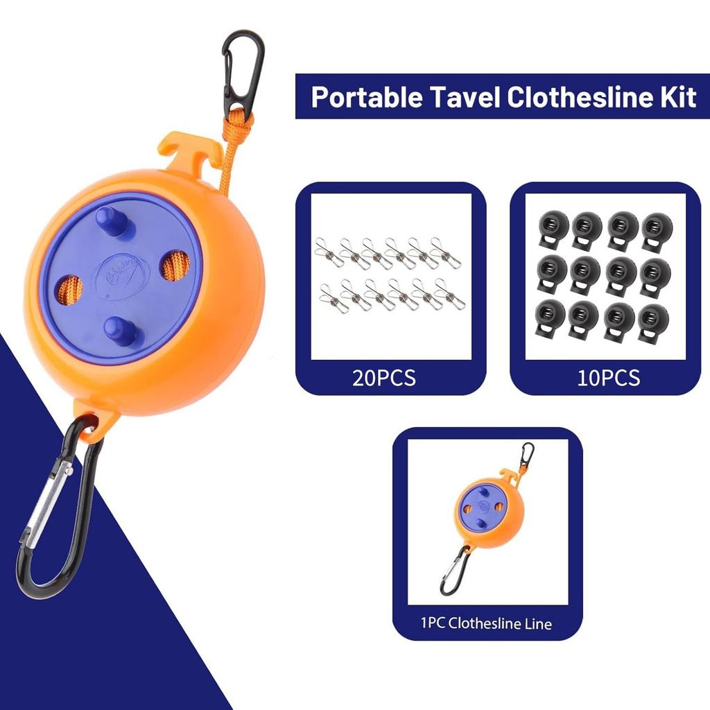 Retractable Travel Clothes Cord Adjustable 32ft/10M Camping Clothesline Laundry Drying Rope for Hotel Trip Outdoor Washing Lines