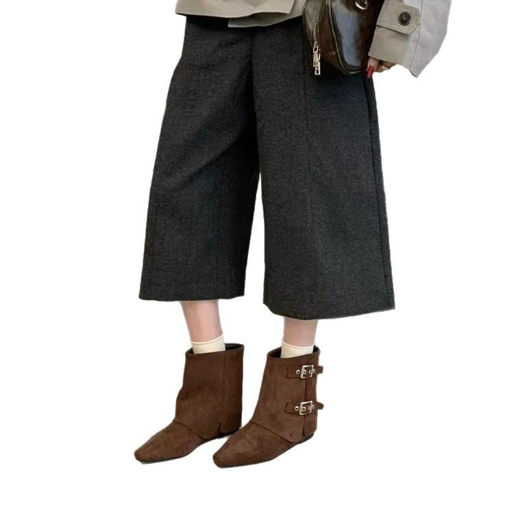 Retro belt buckle fashion boots women's autumn soft-soled inner heightening trouser tube boots sleeve slim small square head short boots