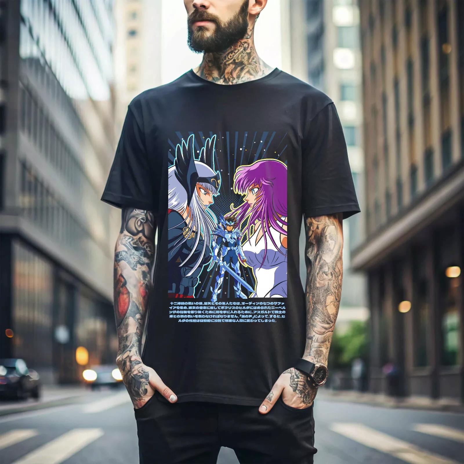 

100% cotton TOPS UNISEX TEES MENS WOMENS Saint Seiya T-shirt knights Of the Zodiac Hyoga Ikki Anime Shun Shirt Gift 356 4XL чёрный