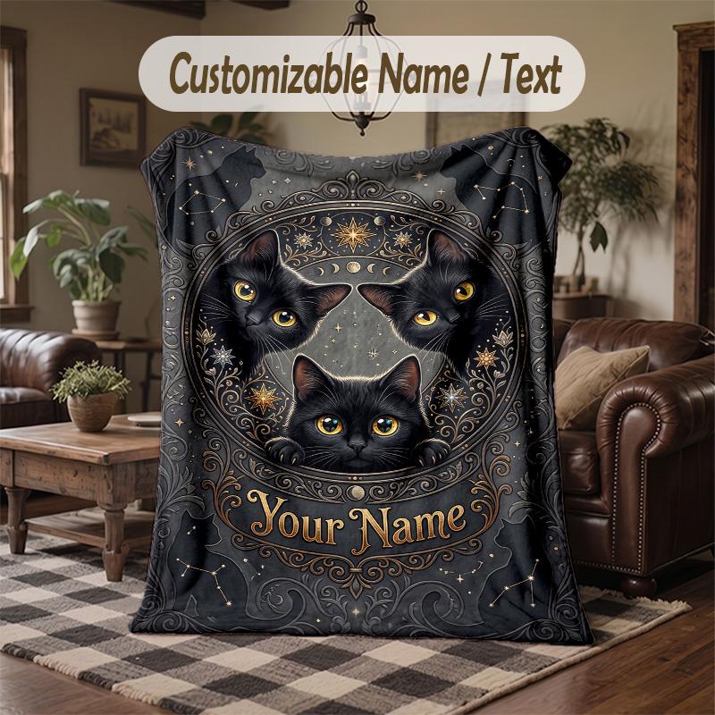 Starry Night Cat Garden Theme Throw Blanket Custom Name Text Personalized Blanket Soft Cozy Blanket for Home Sofa Bed