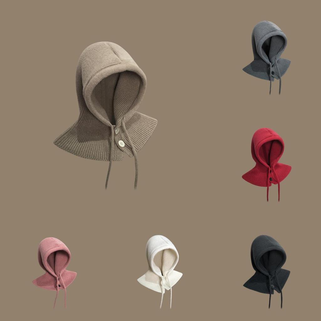 Style Hat Versatile Solid Color Warm Cover With Drawstring Hatscaps Knitted