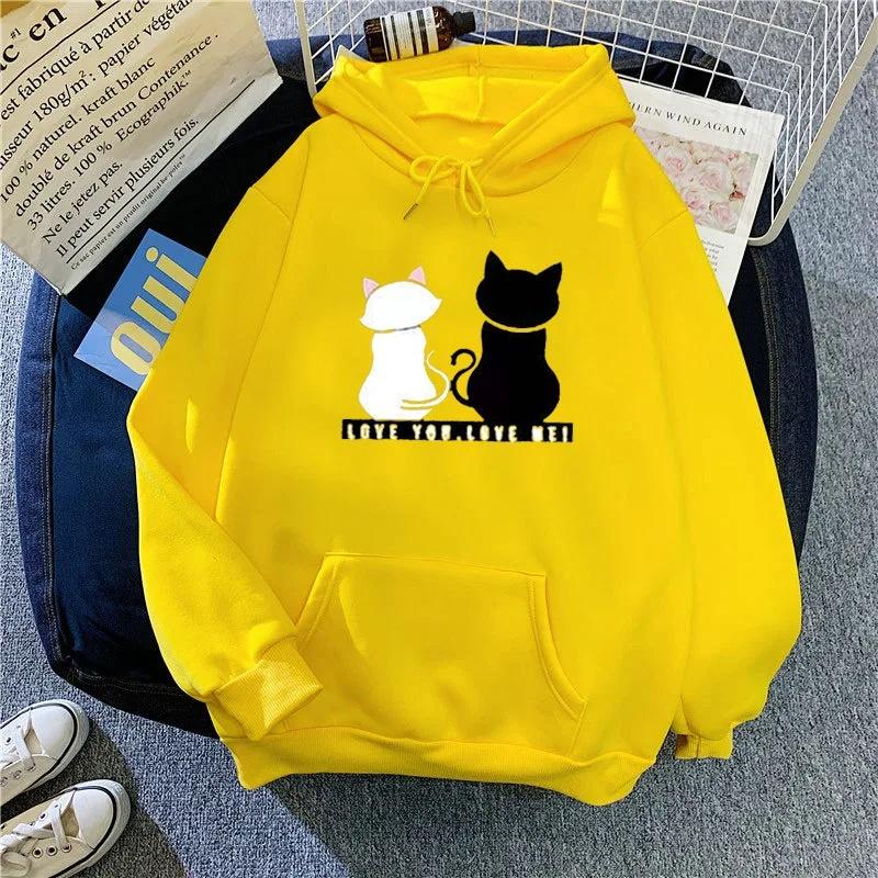 Women's Fleece Lined Hoodie Casual Cartoon Cat Print Oversize Loose Fit Autumn Winter Top Fashion Comfortable Streetwear