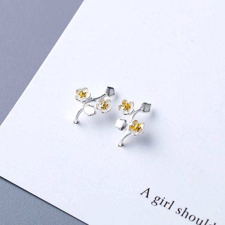 Elegant Plum Blossom Silver Ear Cuffs: Japanese-Korean Artistic Stud Earrings for Women