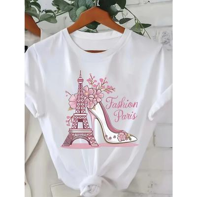 Taille européenne, T-shirt imprimé mode femme style Parisien - Motif Tour Eiffel et Talons Hauts Coupe ample Col rond Manches courtes Respirant