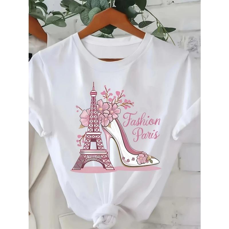 European size , Fashion Women's Paris Style Printed T-Shirt- Eiffel Tower and High Heels Pattern Loose Round Neck Short Sleeve Breathable