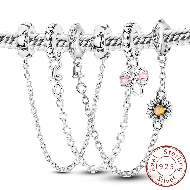Safety Chain Clasp Clip Charm Silve Heart Bow Sunflower Safety Chain Suitable For Authentic Bracelet Style Bangle Jewelry Creation Present Choice