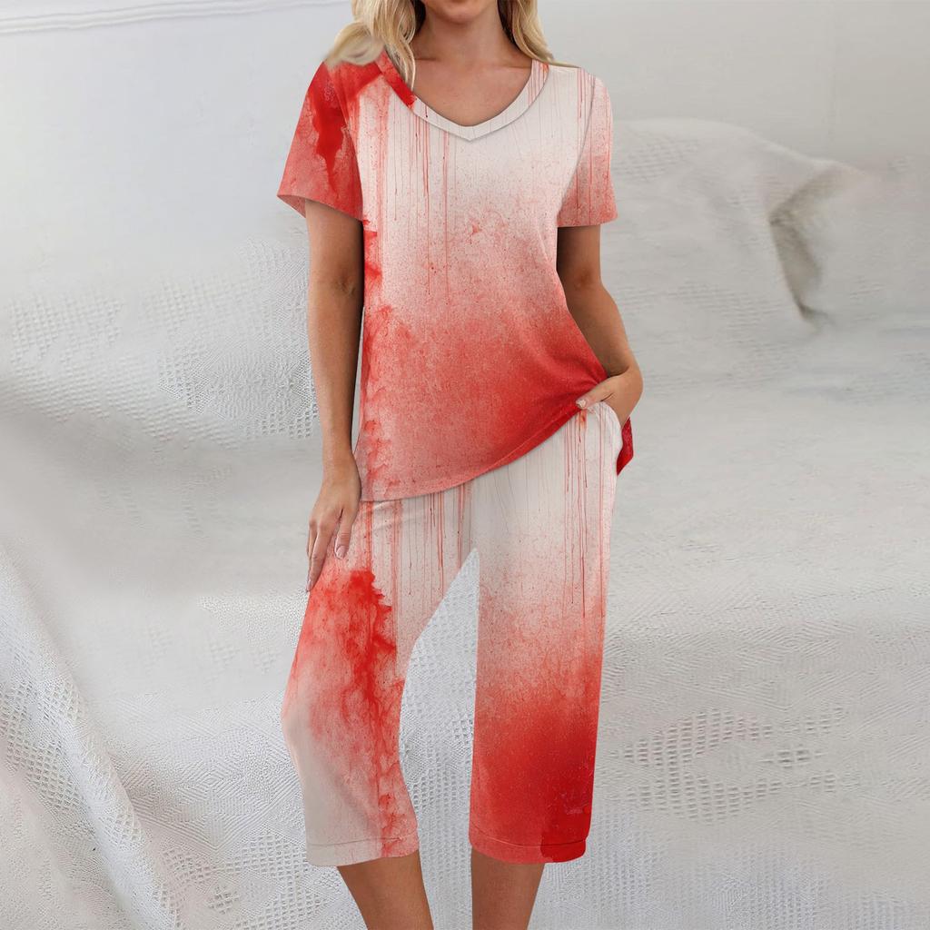2 Piece Sets For Women Short Sleeve Top And Pants With Pockets Workout Soft Halloween Print Sets