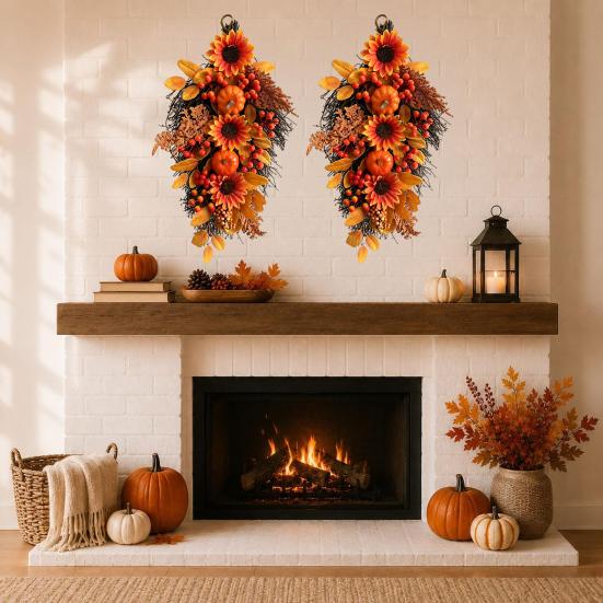 Reusable Autumn Harvest Ornament Fall Sunflower Swags Wreath, Maple Leaves And Berries Hanging Decor Artificial Wreath for Front Door Seasonal