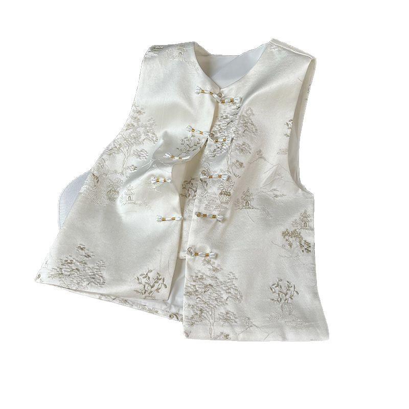 High-class elegant temperament satin vest, early spring women's round neck jacquard disc buckle vest
