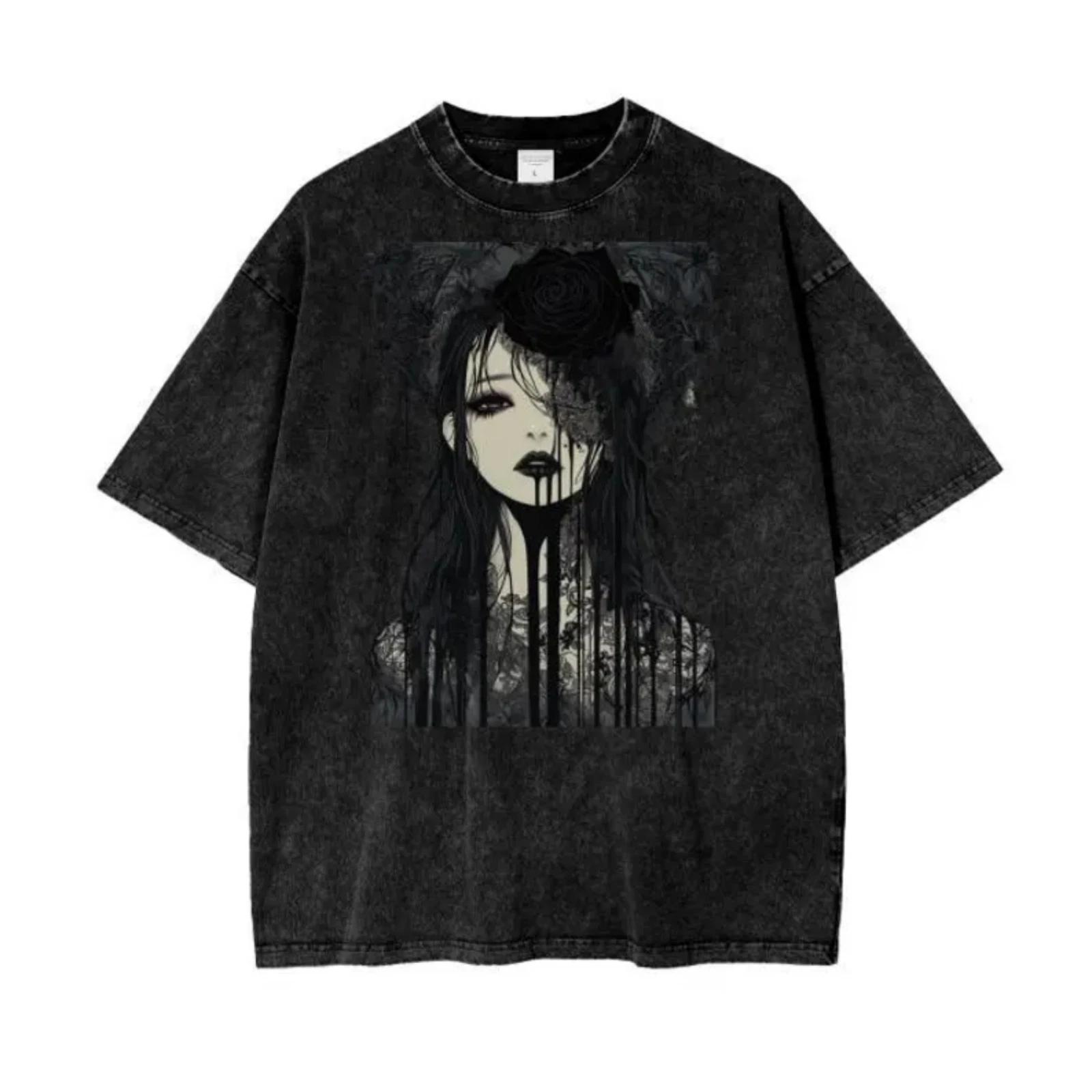Темная Готическая Аниме Футболка Acid Wash с Графикой Розы и Каплями Оверсайз Унисекс- 4XL