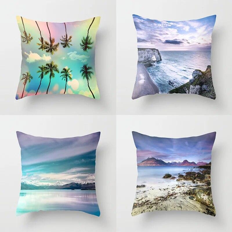 Summer Vacation Cushion Cover Pink Beach Wave Mountain Sofa Pillowcase Bedroom Home Car Office Accessories