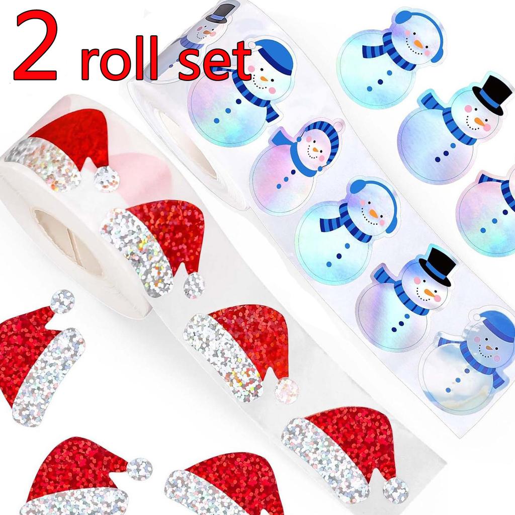 500-1000pcs Laser Christmas Stickers Roll 3cm Snowman and Red Christmas Hat Sticker for Kids Gift Sealing Stationery Sticker