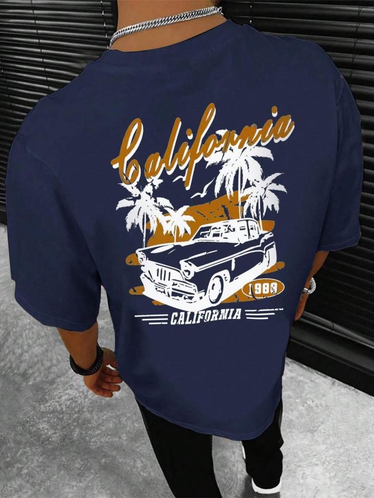 New Summer Mens Beach Coconut Tree Printed Breathable and Comfortable Round Neck Tshirt Outdoor Vacation Casual Top