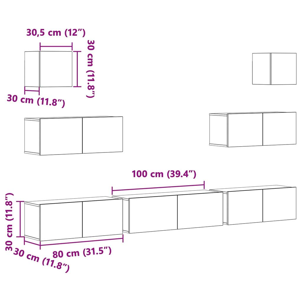 7 Piece Wall Mounted TV Cabinet Set Black Oak Effect 100 x 30 x 30 cm