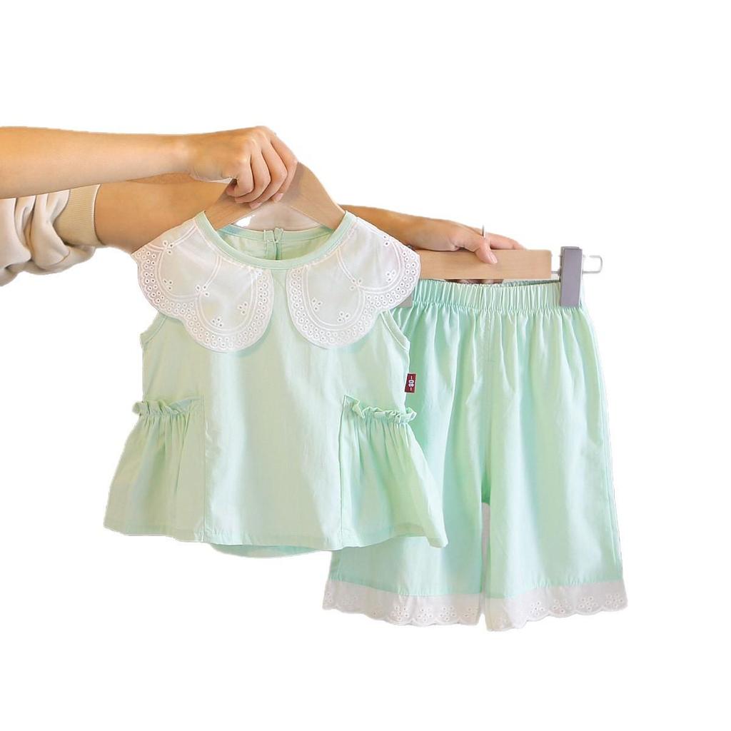 Krajková be rukávová panenkovská košile a široké kalhoty pro malé holčičky - Letní dvoudílná sada ve stylu Mori