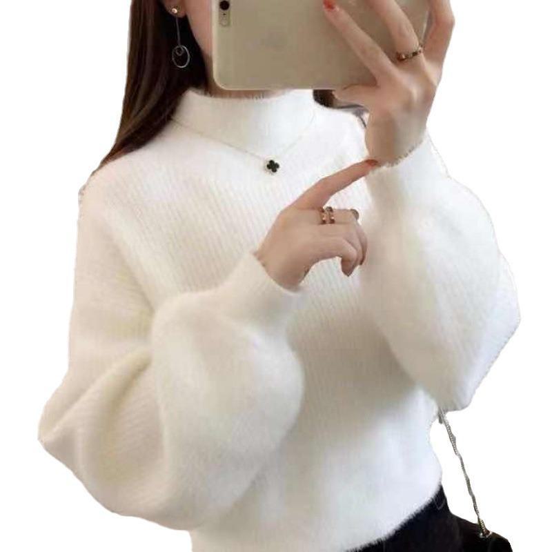 2024 Women's Mink Velvet Lantern Sleeve Sweater - Loose, Half High Collar, Autumn/Winter Outerwear