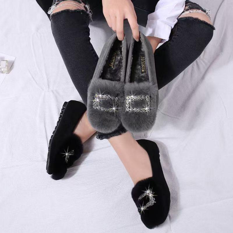 Winter rhinestone fluffy shoes women's new fashionable versatile flat-bottomed lazy people wear one-pedal Doudou shoes