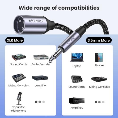 MOSWAG 3.5mm to XLR Cable, 3.5mm (Male) to 3.5mm (Male) Microphone Cable, Mini Jack Stereo to Canon Head Unbalanced Auxiliary Microphone Cable Compati