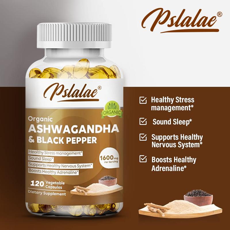 High-Concentration Ashwagandha Capsules with Organic Black Pepper, 1600mg, Suitable for Men and Women