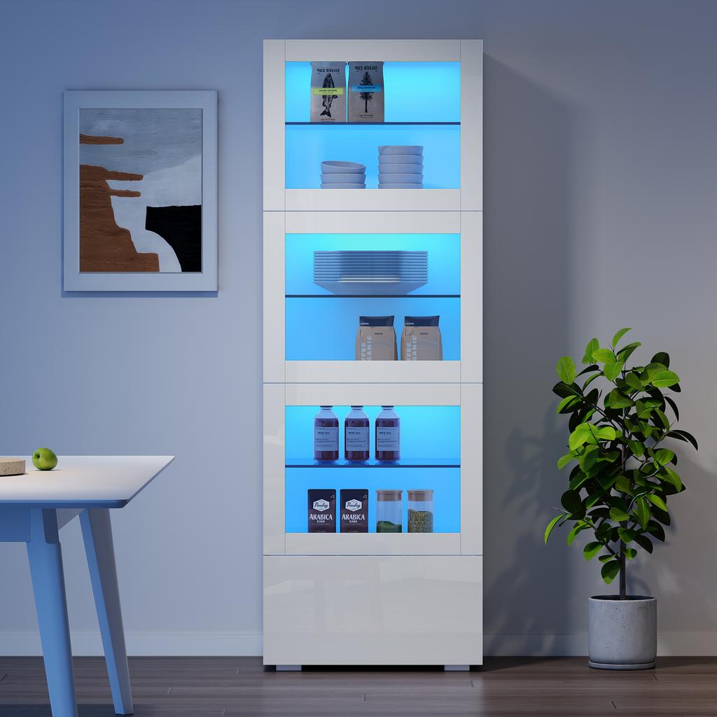 Vetrina 60*40*173cm con Porta in Acrilico, Finitura Lucida, Illuminazione LED, 3 Ripiani in Vetro, Bianco