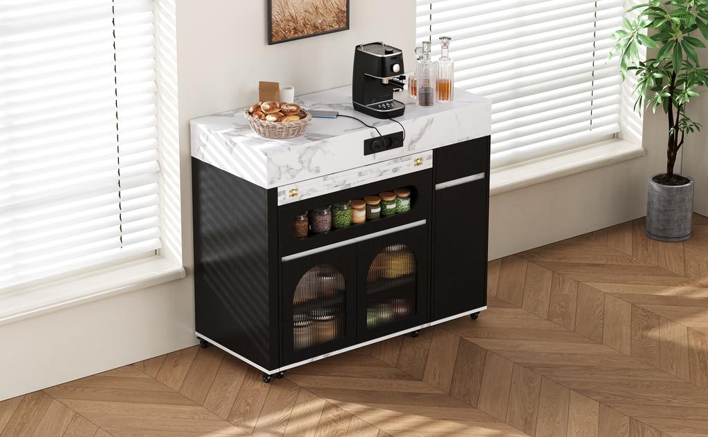 Kitchen island with wheels, extendable dining table with power strips and fluted glass, sideboard with one drawer (black)