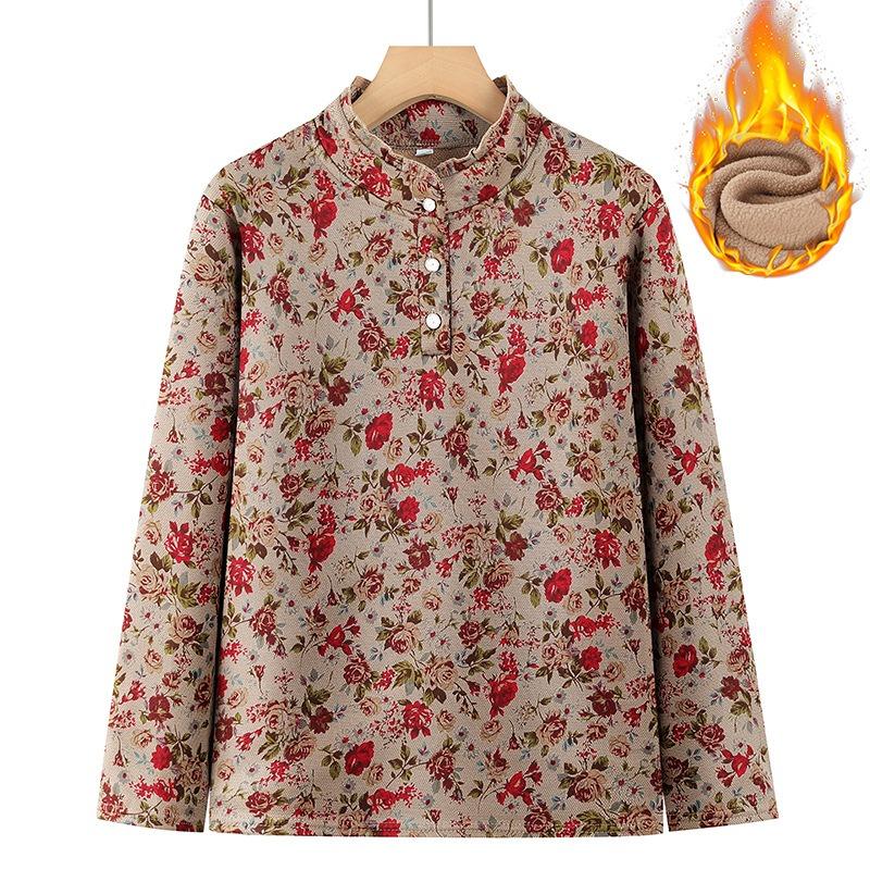 Long-sleeved semi-turtleneck thickened bottoming shirt winter T-shirt warm floral autumn clothes old lady